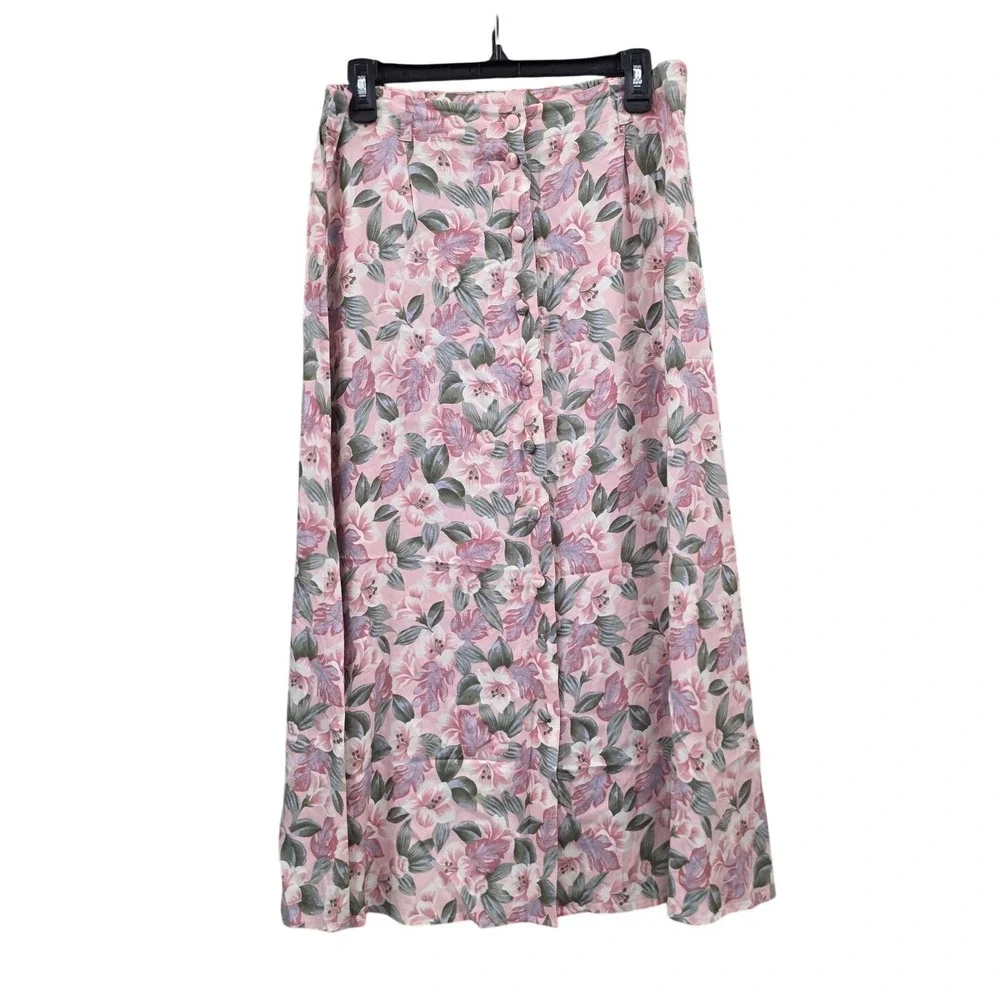 VTG Pinup A-line Boho Long Skirt Women M Pink Floral Button Front Rayon 80s Prep
